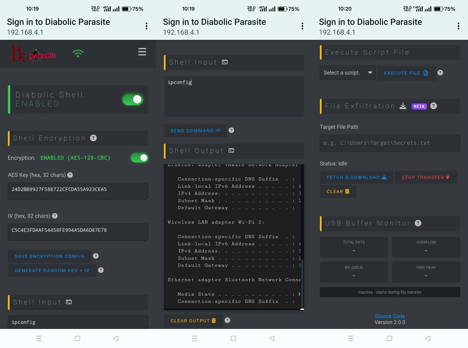 Diabolic Shell Web UI showing real-time command execution